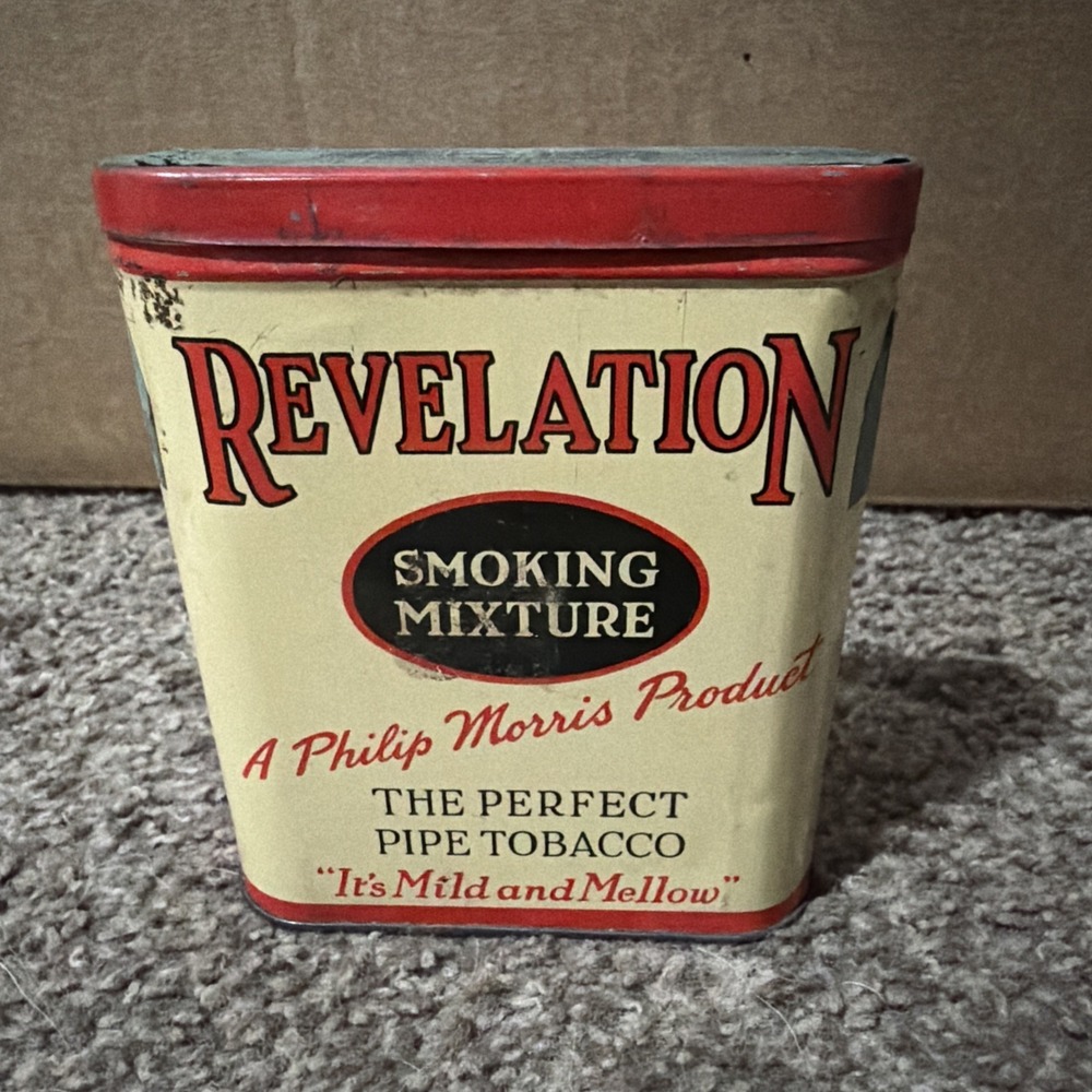 VINTAGE REVELATION SMOKING MIXTURE TOBACCO TIN - PHILIP MORRIS PLT #15 MID1900'S